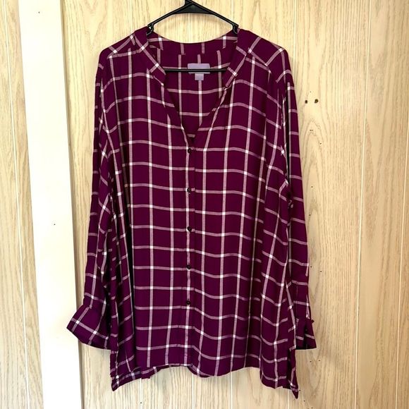 Laura Scott 2X purple and white plaid print long sleeve button down shirt - Picture 1 of 8